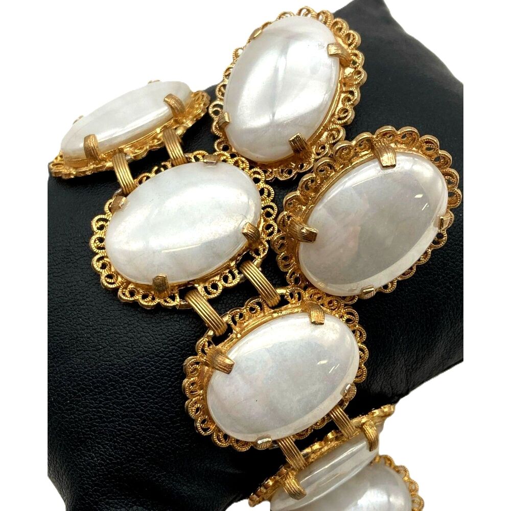 Judy Lee luster glass cabochons filigree gold tone bracelet earrings set vintage